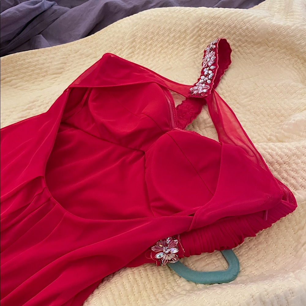 Red & Rhinestone Formal One shoulder Dress - Picture 9 of 13